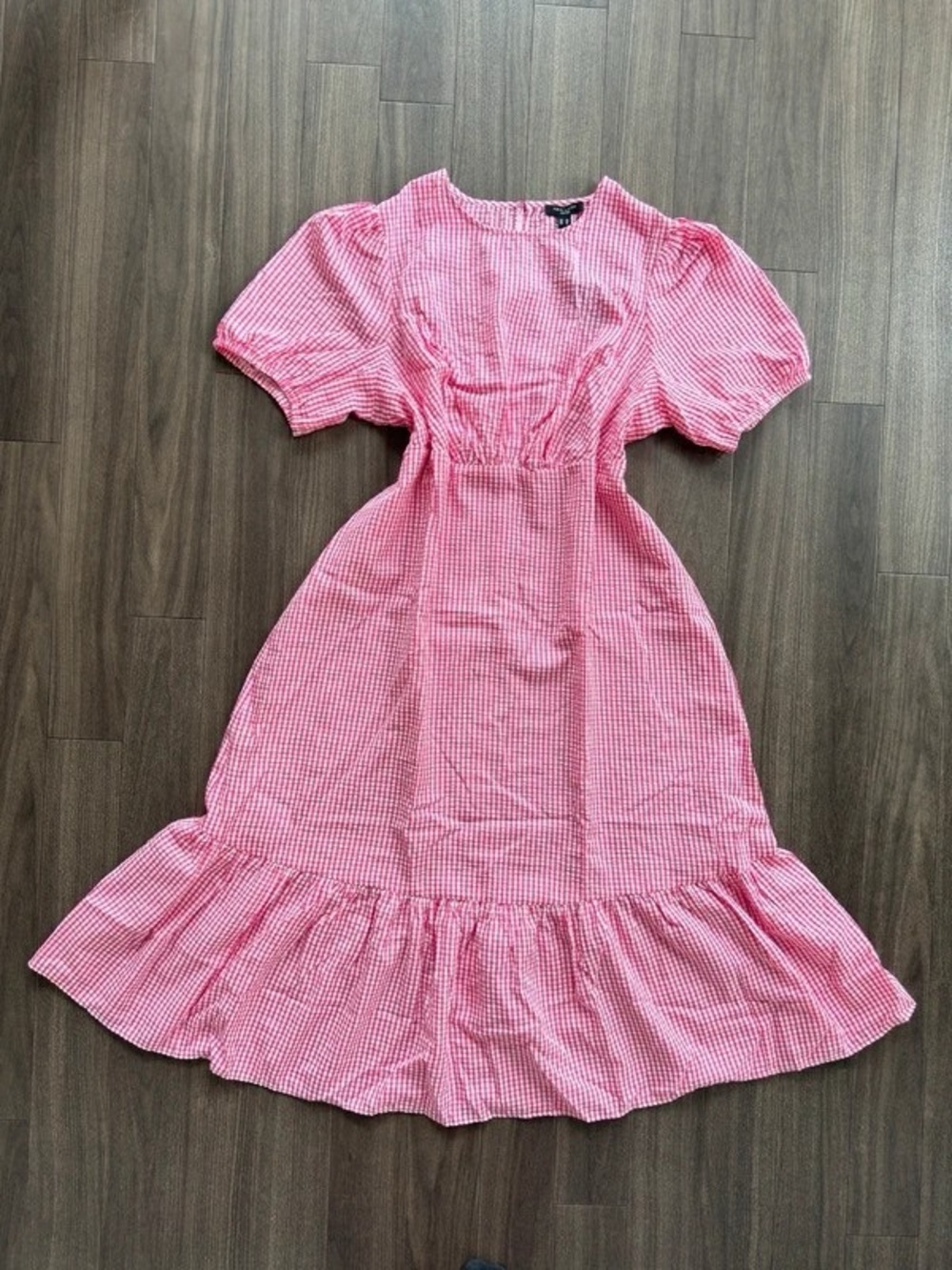 Gingham Puff-Sleeve Midi Dress in Pink